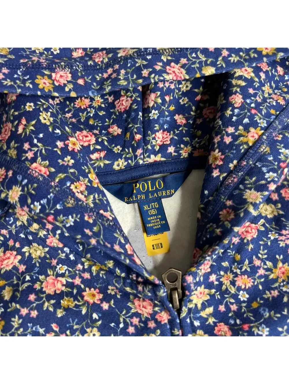 Polo Ralph Lauren Girls Floral Print Zip Front Blue Hoodie Size XL